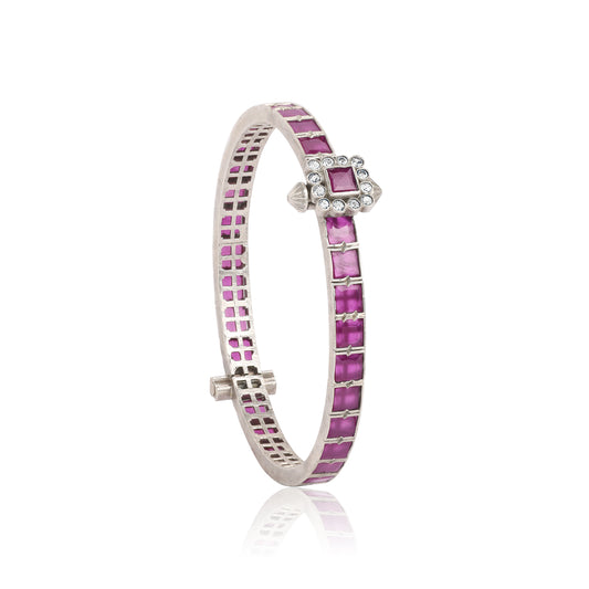 Oxidized Silver Bangle with Pink Stone