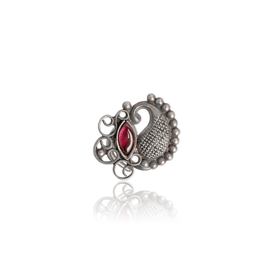 Oxidized Silver Nose Pin with Red Stone