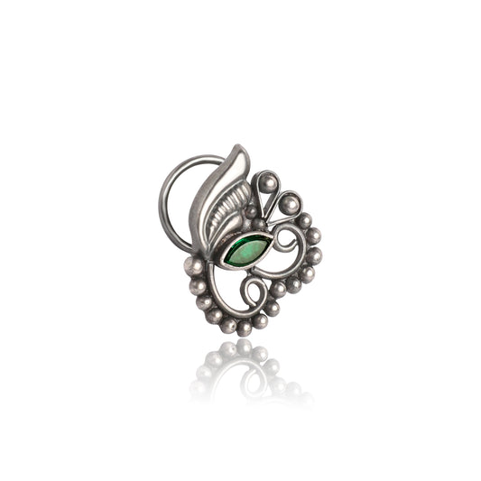 Oxidized Silver Nose Pin with Green Stone