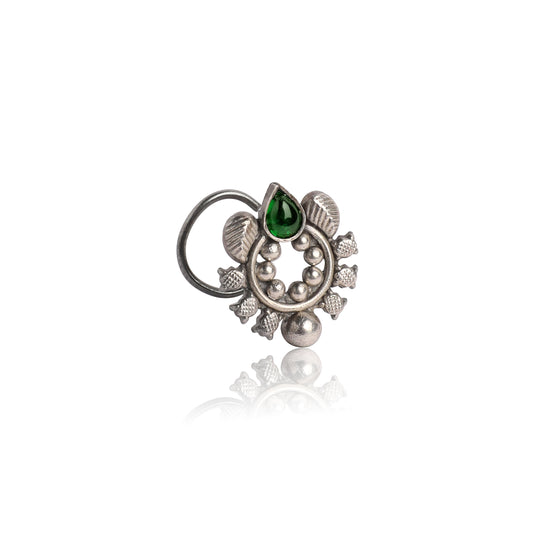 Silver Hoop Stud with Green Stone