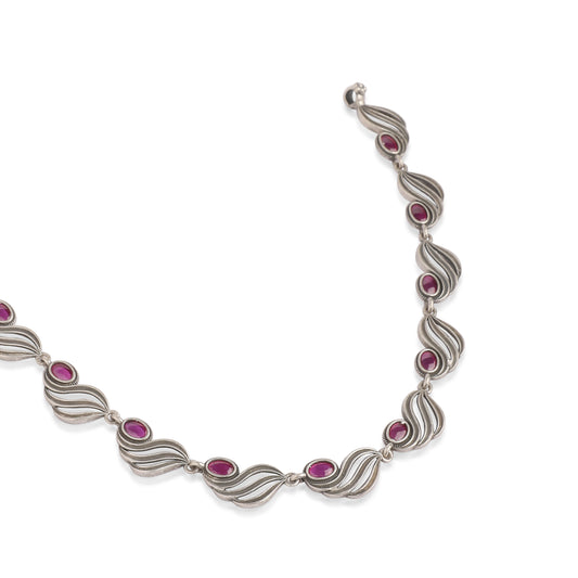Oxidized Silver Necklace with Pink Stones