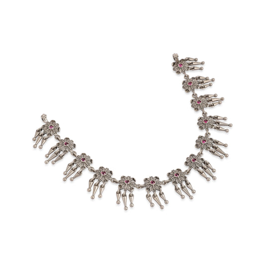 Oxidized Silver Floral Necklace with Pink Stones
