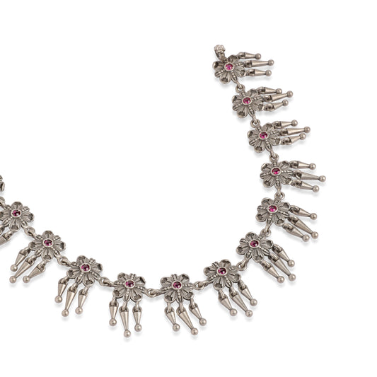 Oxidized Silver Floral Necklace with Pink Stones