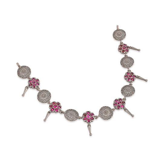 Oxidized Silver Floral Coin Necklace