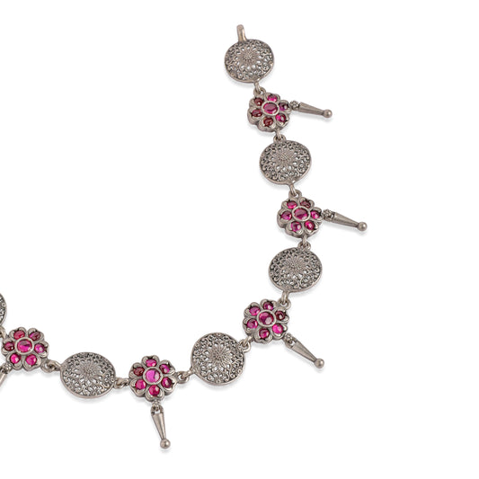 Oxidized Silver Floral Coin Necklace