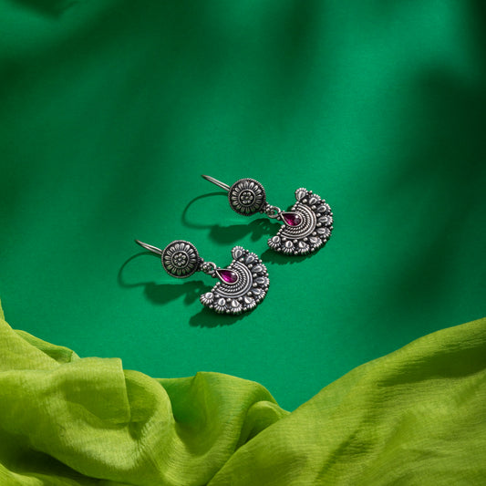Silver Jhumka Earrings with Red Teardrop stone