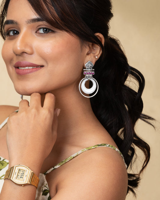 Circular Hoop Earring with Pink Stone