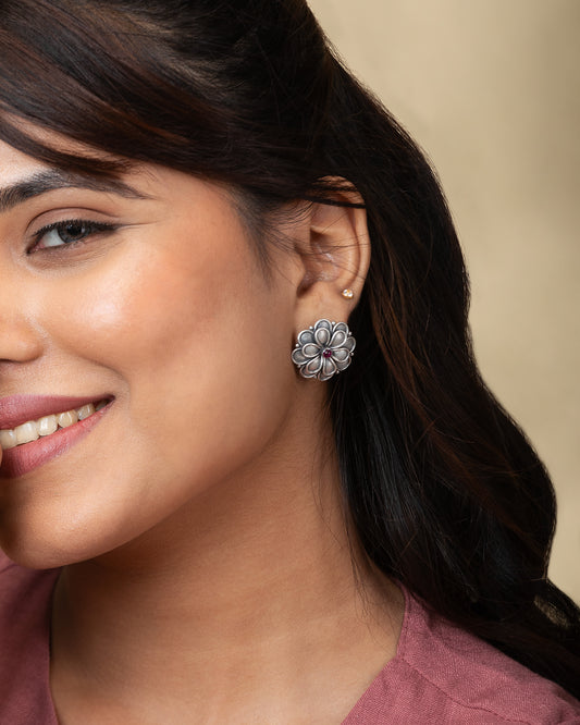 Silver Floral Stud Red Stone Earring