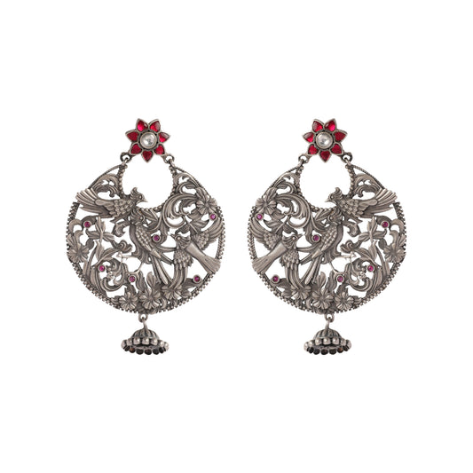 Bird Motif Silver Earrings with Floral Design