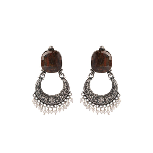 Silver Half Moon Brown Stone Earrings