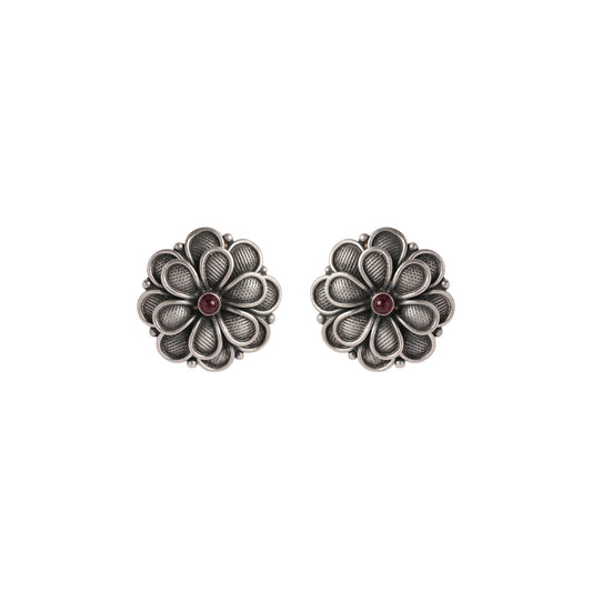 Silver Floral Stud Red Stone Earring