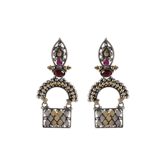 Silver and Gold-Toned Earrings with Pink Stones