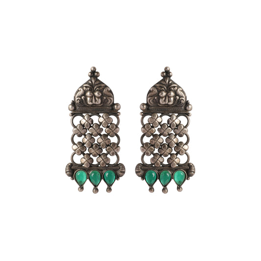 Floral Lattice Earrings with Green Teardrop Stones