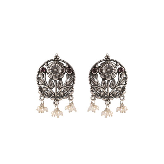 Silver Floral Studs with Pearl Drops