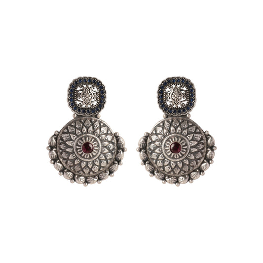 Silver Floral Earrings with Red Stone