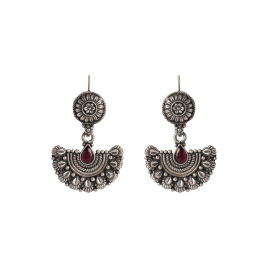 Silver Jhumka Earrings with Red Teardrop stone
