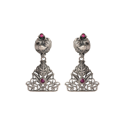Silver Peacock Earrings with Pink Stone